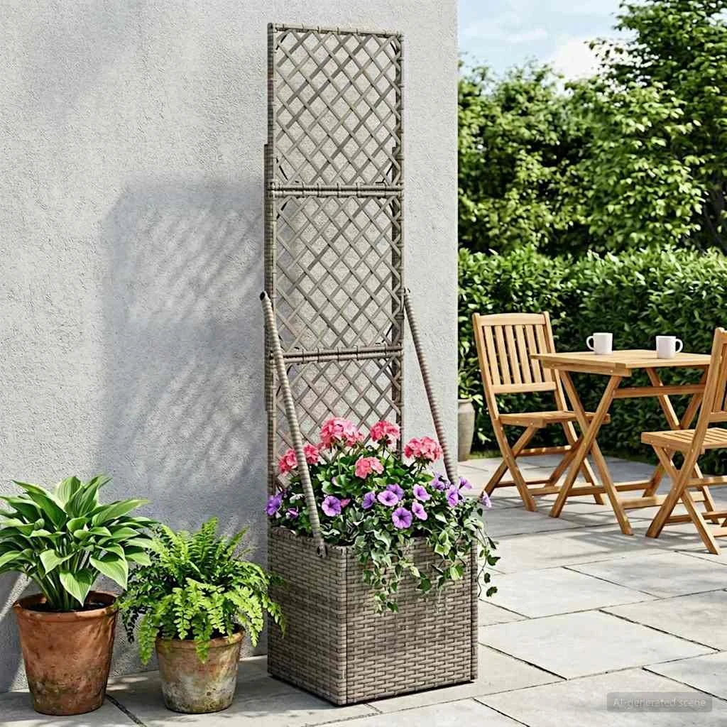 vidaXL Havekrukke med trellis, Grå Polyrattan, 35 x 30 x 135 cm