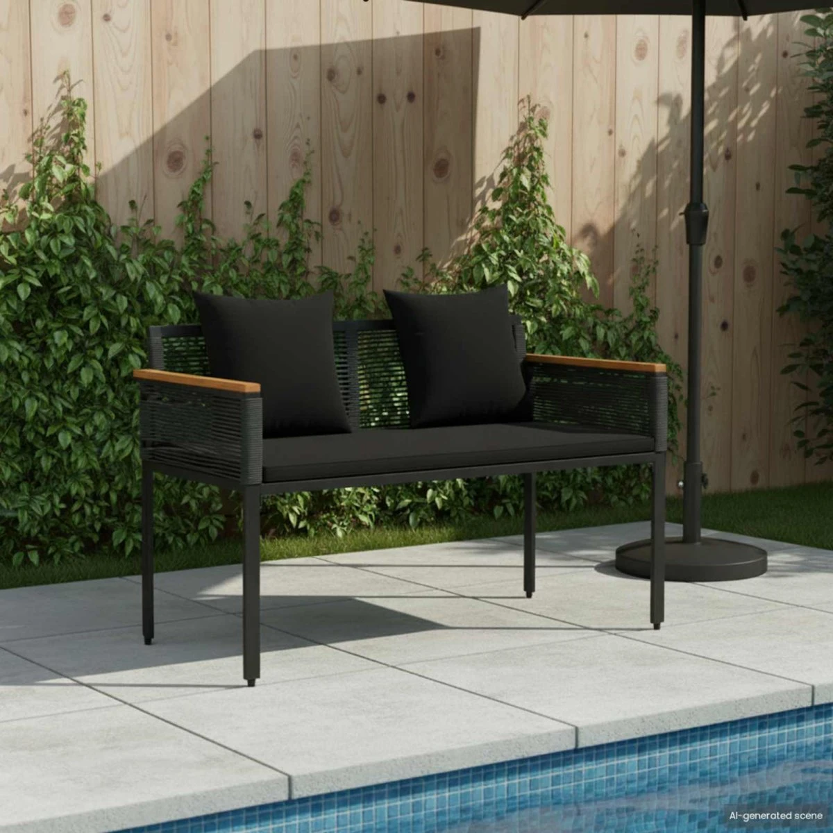 vidaXL Udendørs bænk 2-personers i sort polyrattan - 117 cm