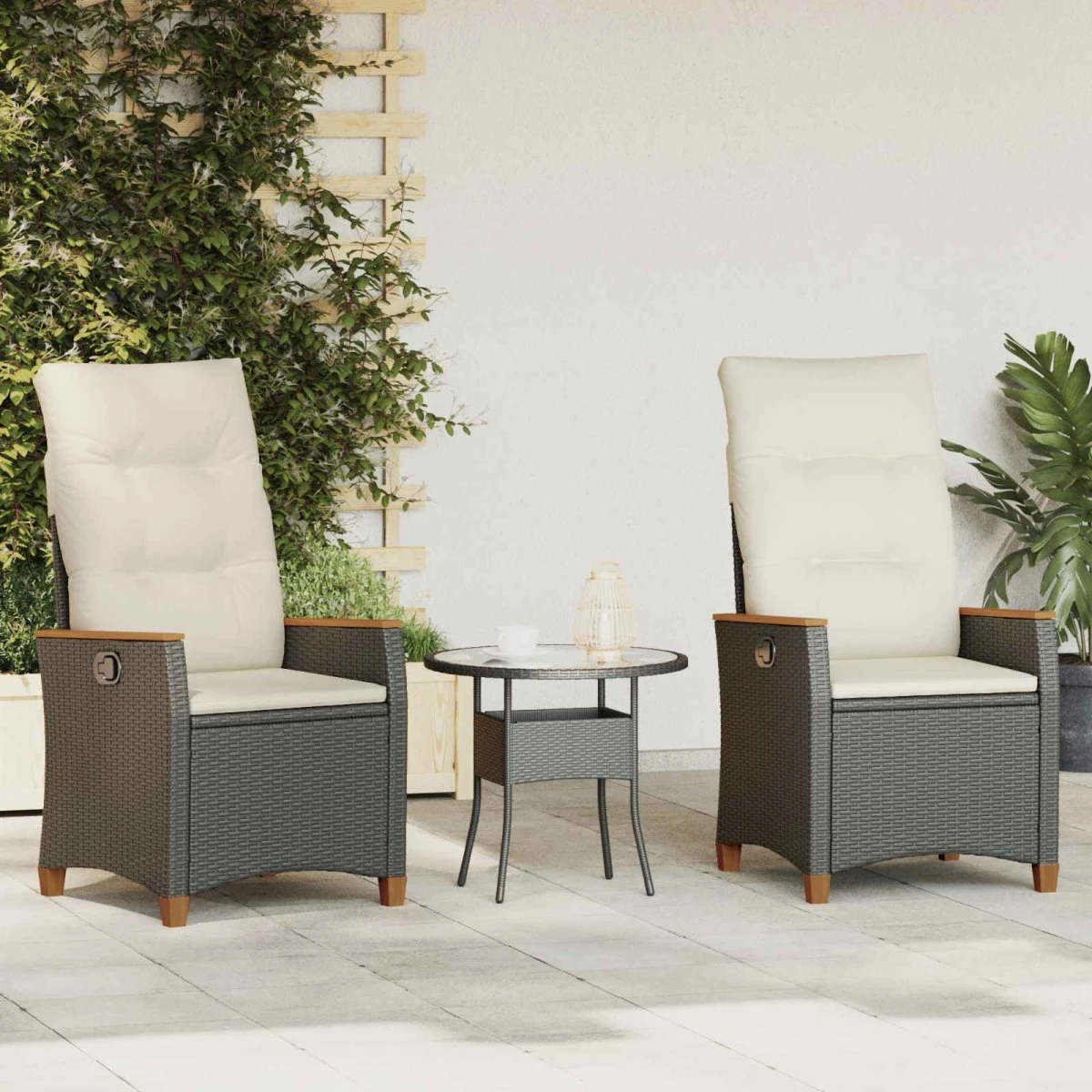 vidaXL Lænestol i polyrattan, Sort/Cream, 2 stk. med justerbar ryg