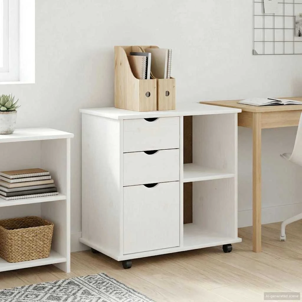 vidaXL Rullende skab i massivt fyrretræ, hvid, 63,5 x 39 x 65,5 cm