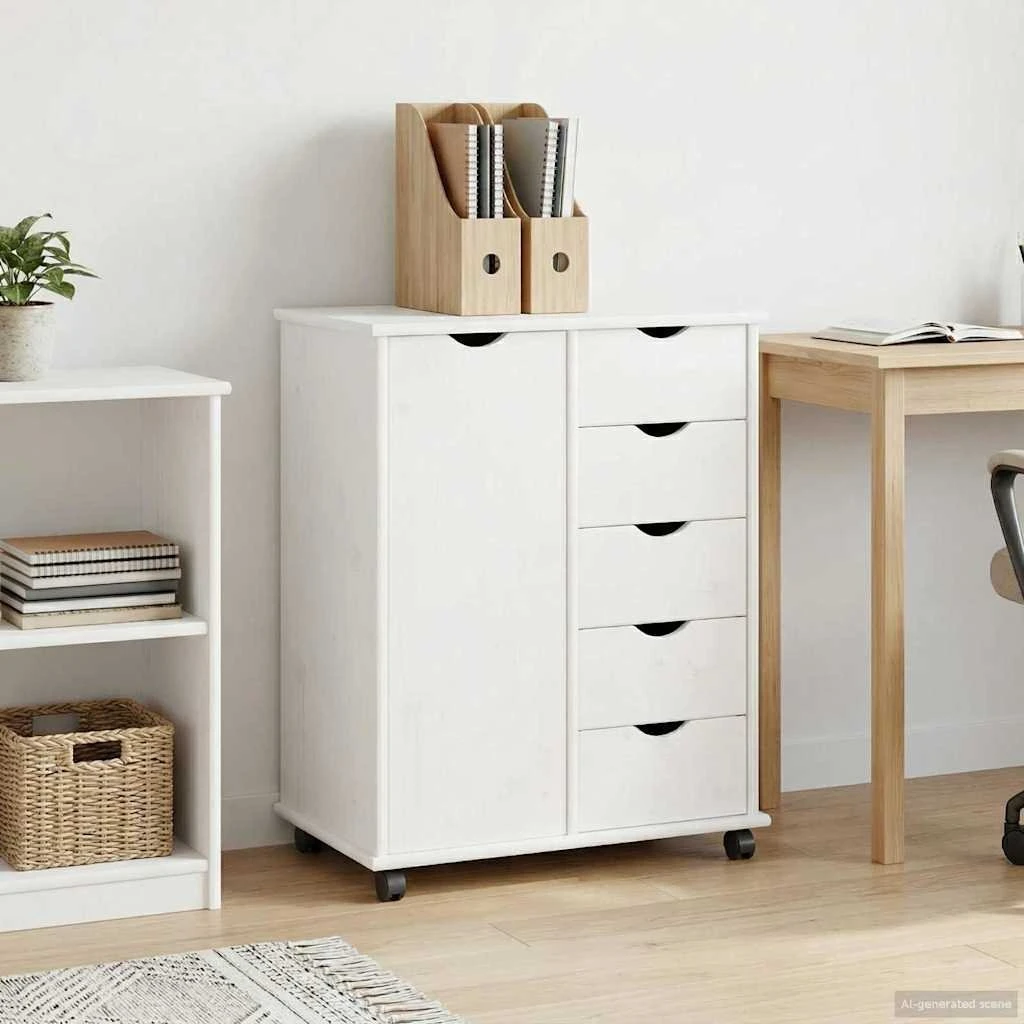 vidaXL Rullende skab i massivt fyrretræ, hvid, 63,5 x 39 x 79 cm