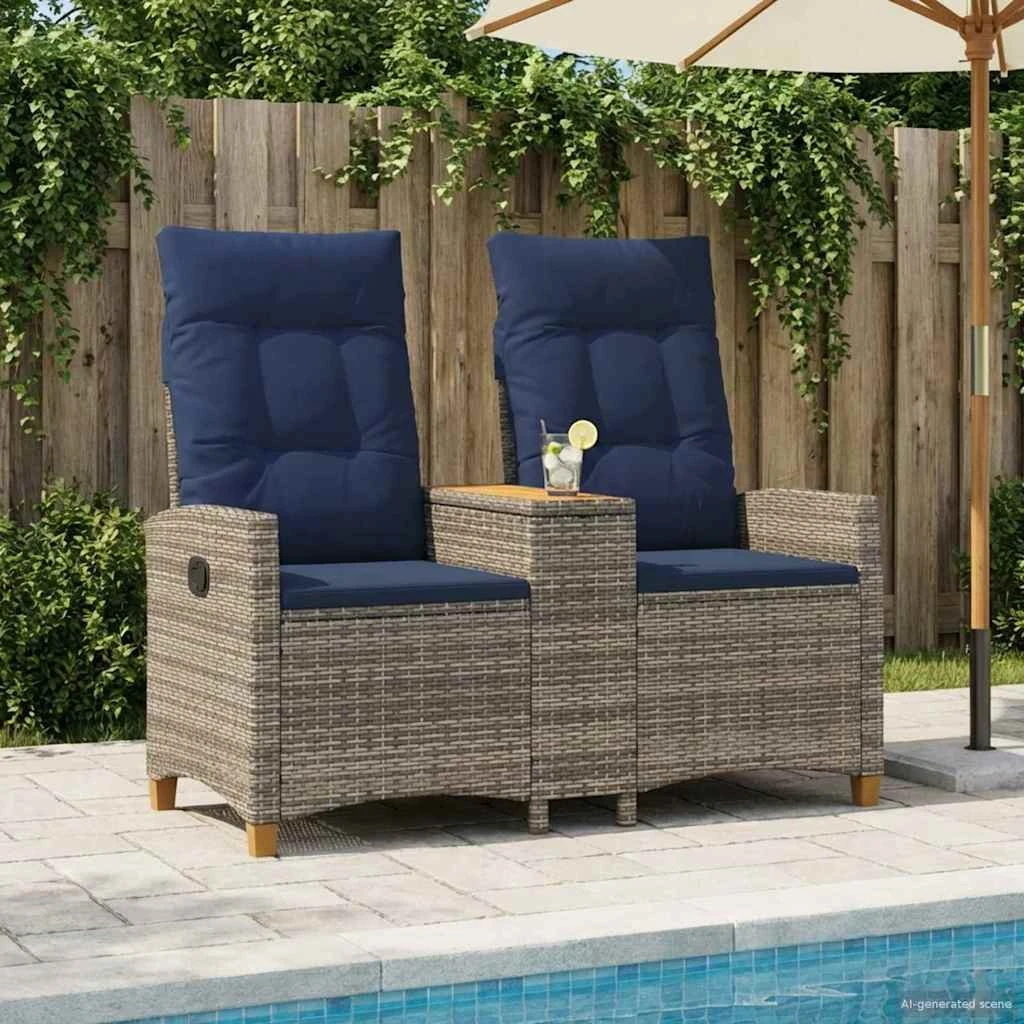 vidaXL Reclining Bench med Bord - 2-personers Polyrattan 126x65x112 cm