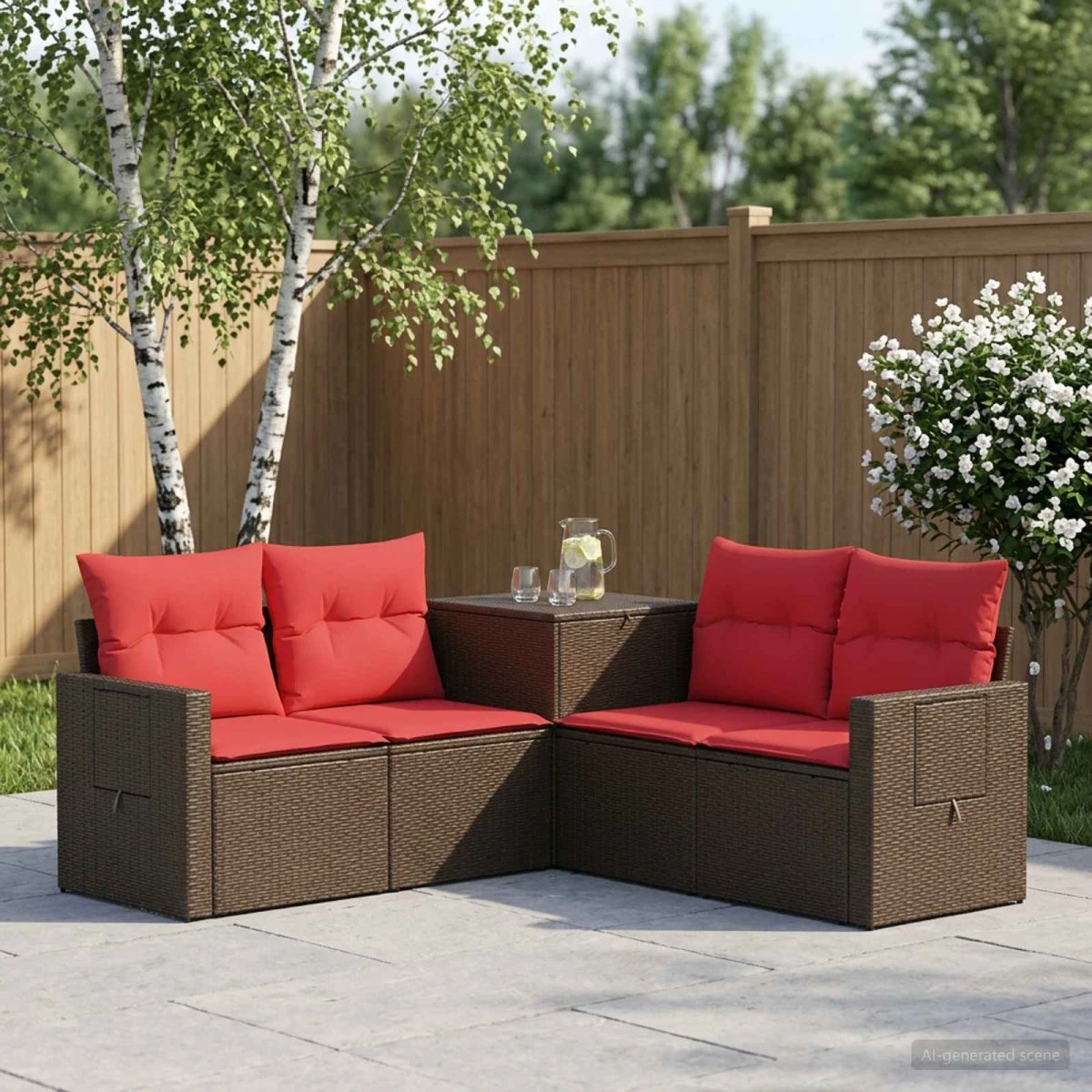 vidaXL Havesofasæt 5 stk. i Polyrattan, Brun/Rød, 179x179x85 cm