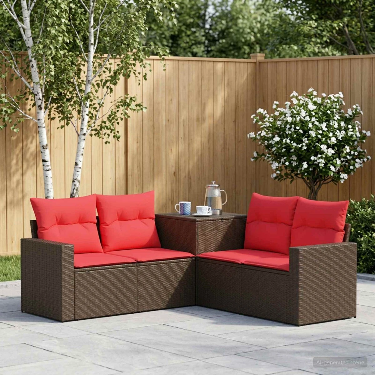 vidaXL Havesofasæt 5 stk. i polyrattan, Brun/Rød, 182,5x182,5 cm