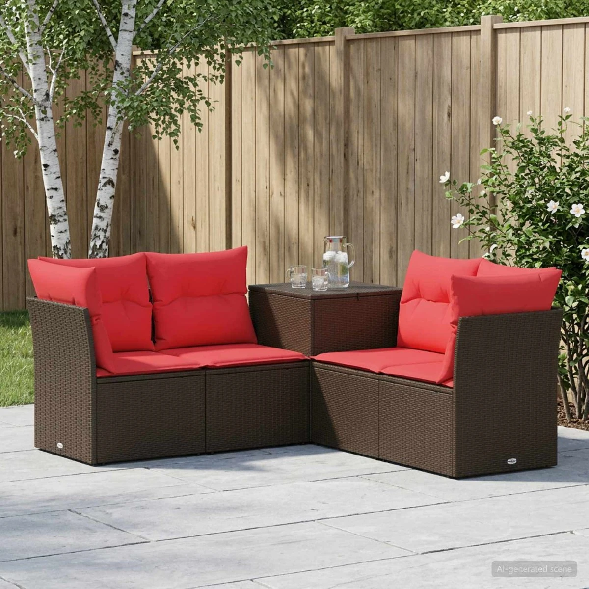 vidaXL Sofa Sæt 5 dele i Poly Rattan og Stål - Brun/Rød