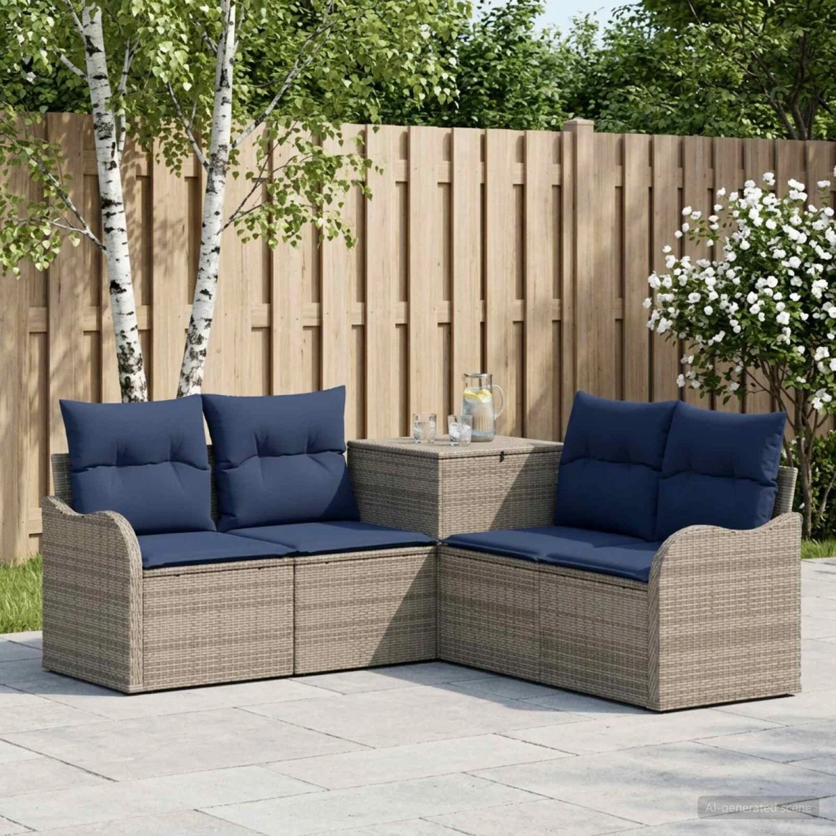 vidaXL Sofa Sæt 5 dele - Grå Poly Rattan & Marineblå Puder