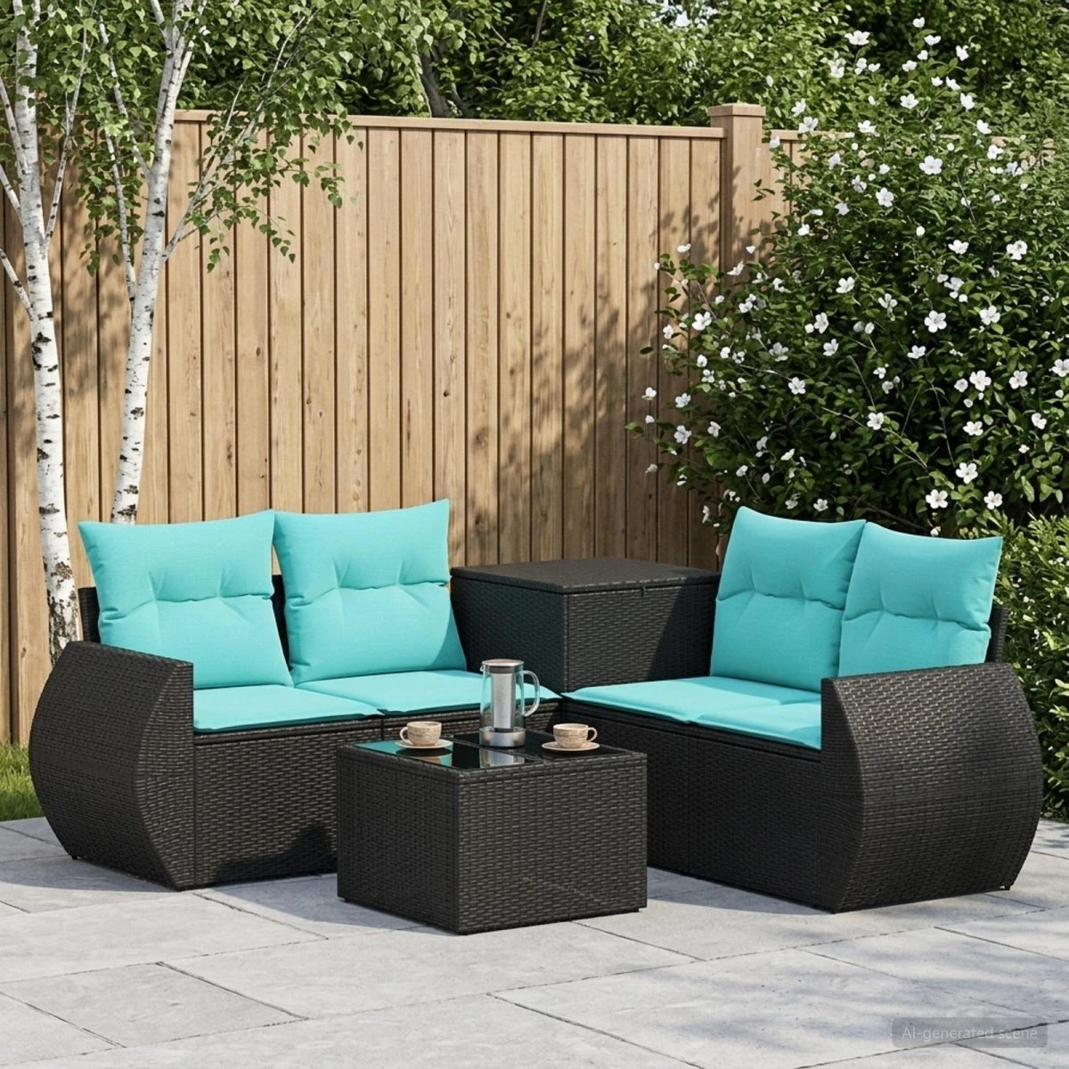 vidaXL Havesofasæt 6 stk. Sort/Blå i Polyrattan og Stål
