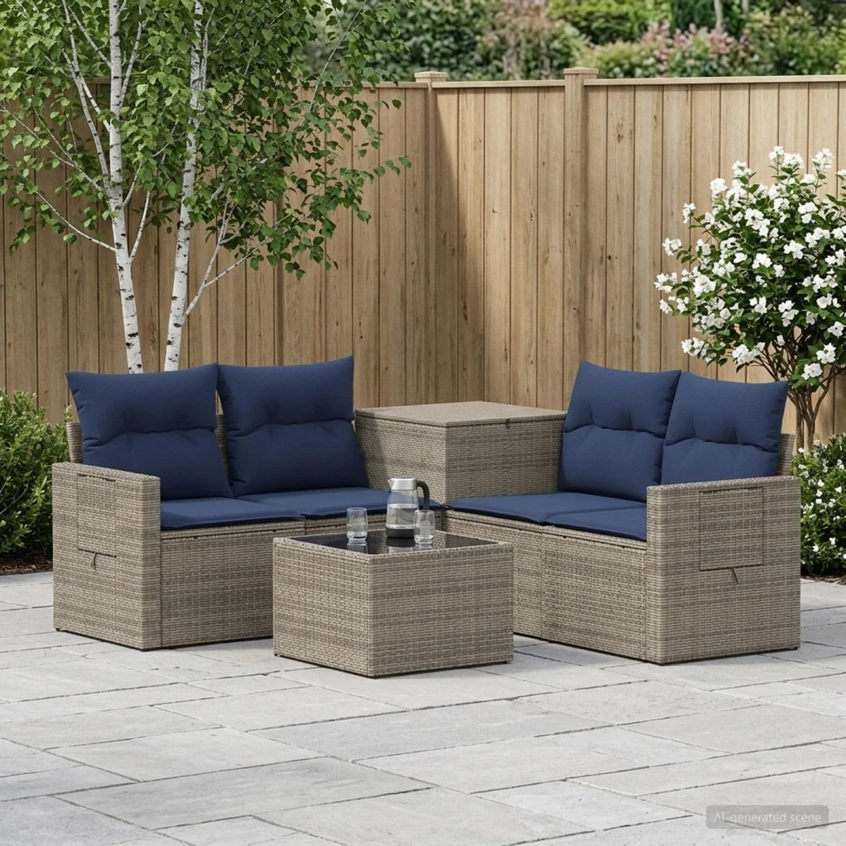 vidaXL Sofa Sæt 6 dele i Poly Rattan og Stål - Grå/Marineblå