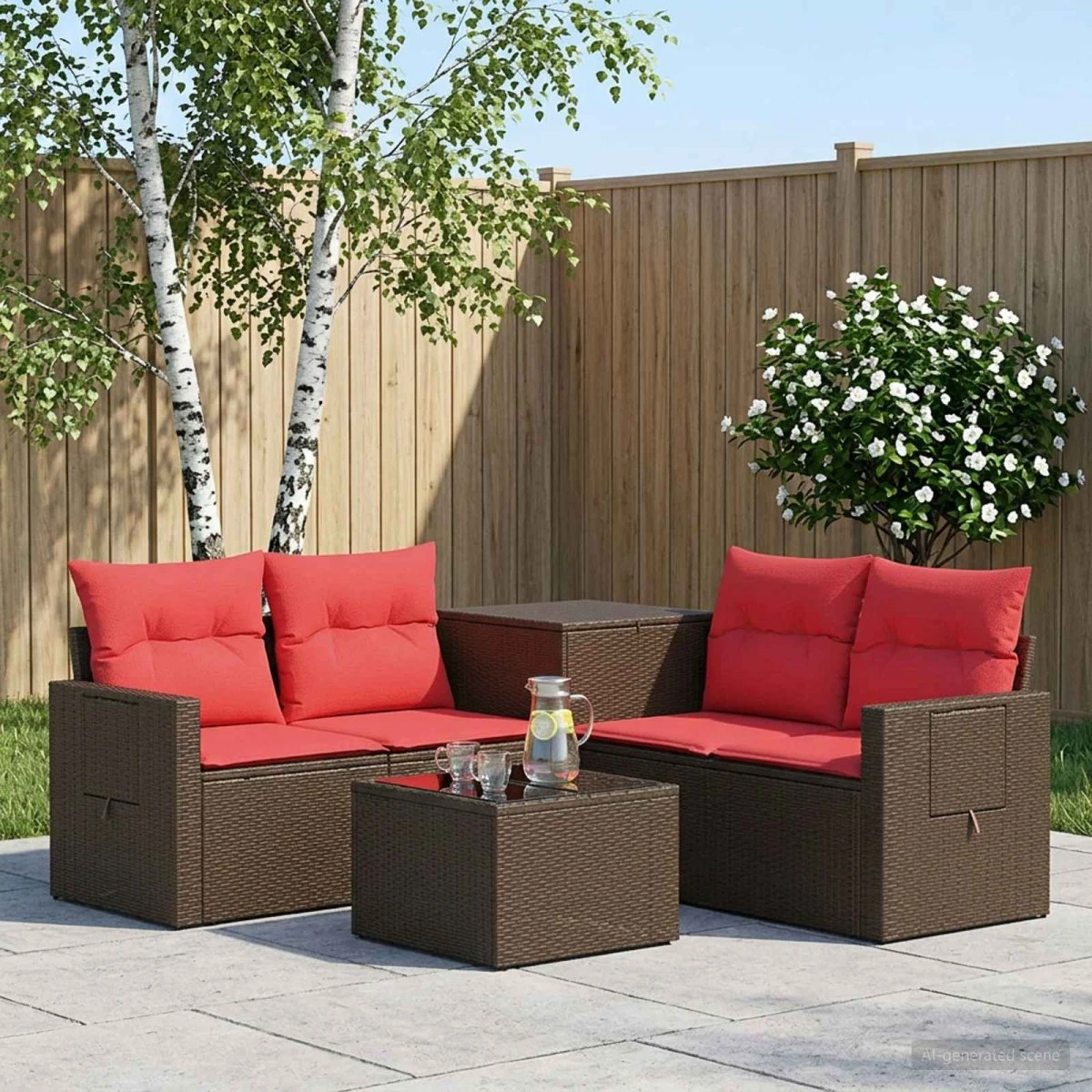 vidaXL Sofa Sæt 6 dele i Poly Rattan og Stål - Brun/Rød
