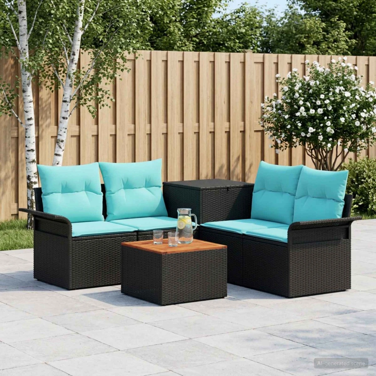 vidaXL Sofa Sæt 6 stk. 4-personers Sort/Blå Poly Rattan & Stål