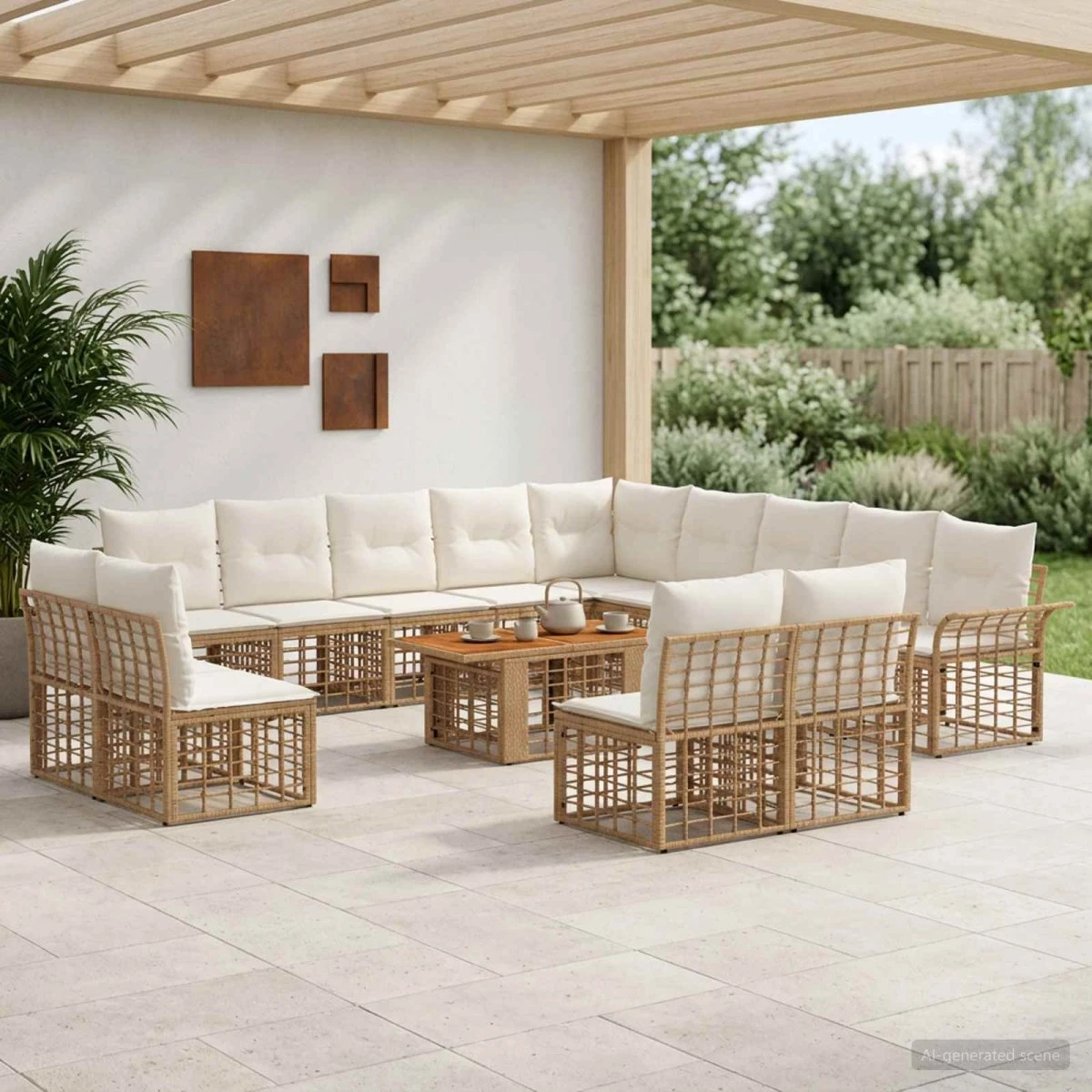 vidaXL Havesofasæt 14 dele i polyrattan - Naturlig/Creme Hvid