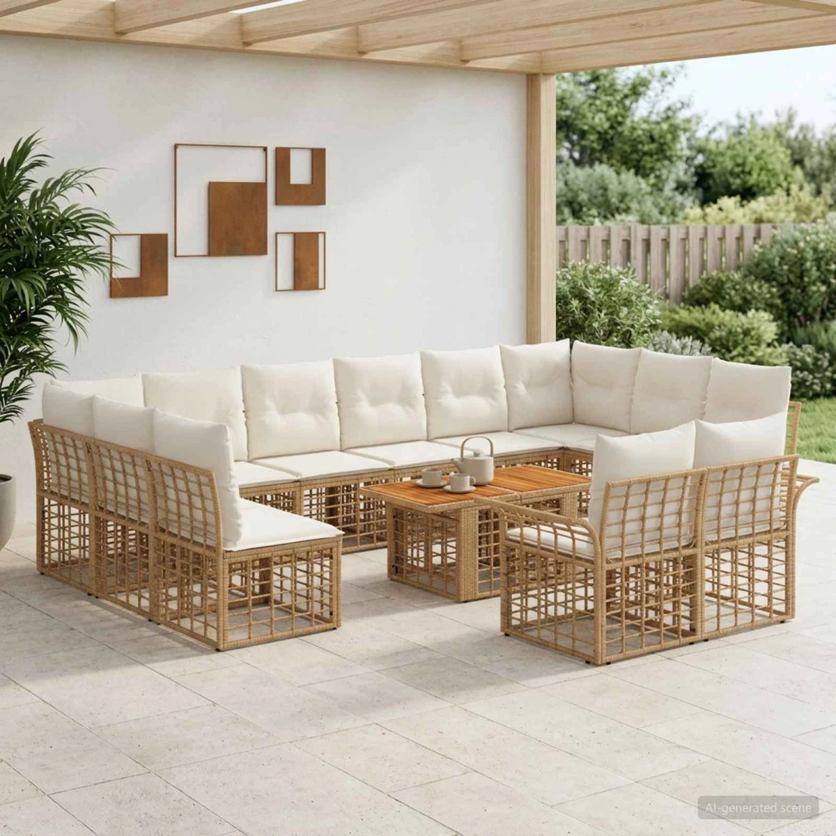 vidaXL Havesofasæt 13 dele i polyrattan, naturlig/cremehvid