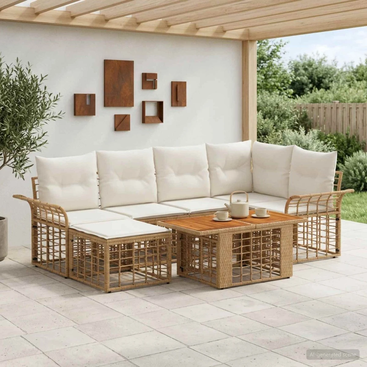 vidaXL Havesofa Sæt 7 stk. Polyrattan - Naturlig & Creme Hvid
