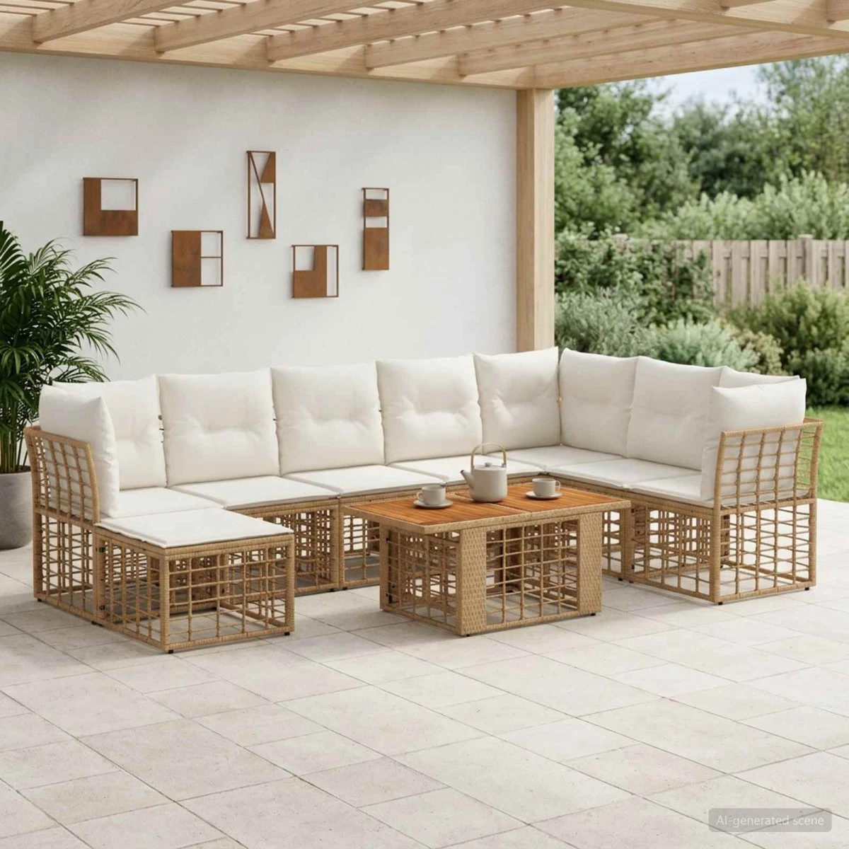vidaXL Havesofa Sæt 9 stk. i Polyrattan - Naturlig & Creme Hvid