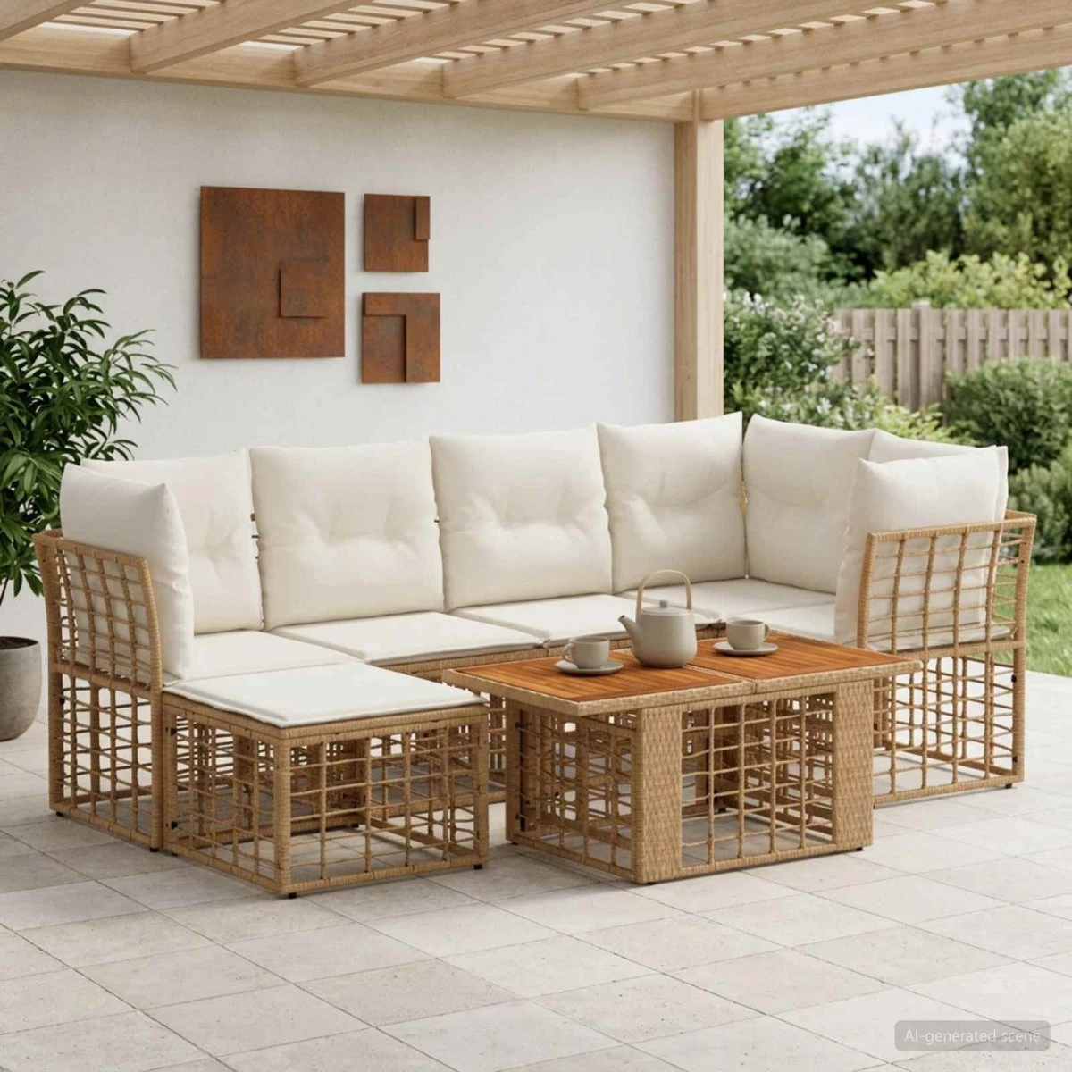 vidaXL Havesofasæt 7 stk. i Polyrattan - Naturlig & Cremehvid