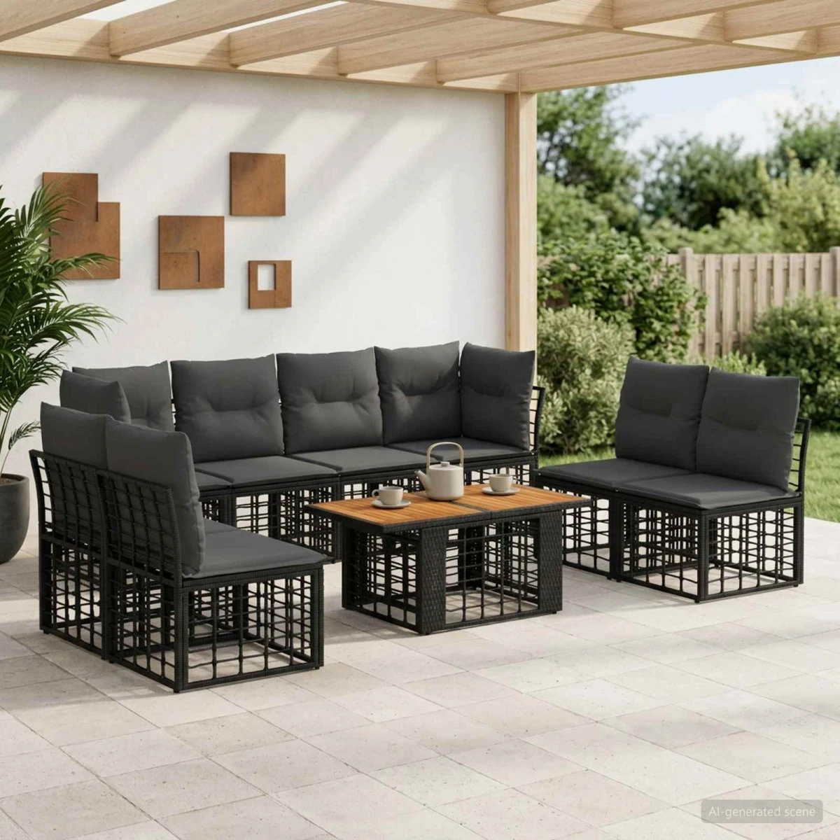 vidaXL Havesofa Sæt 9 stk. Sort og Mørkegrå Polyrattan
