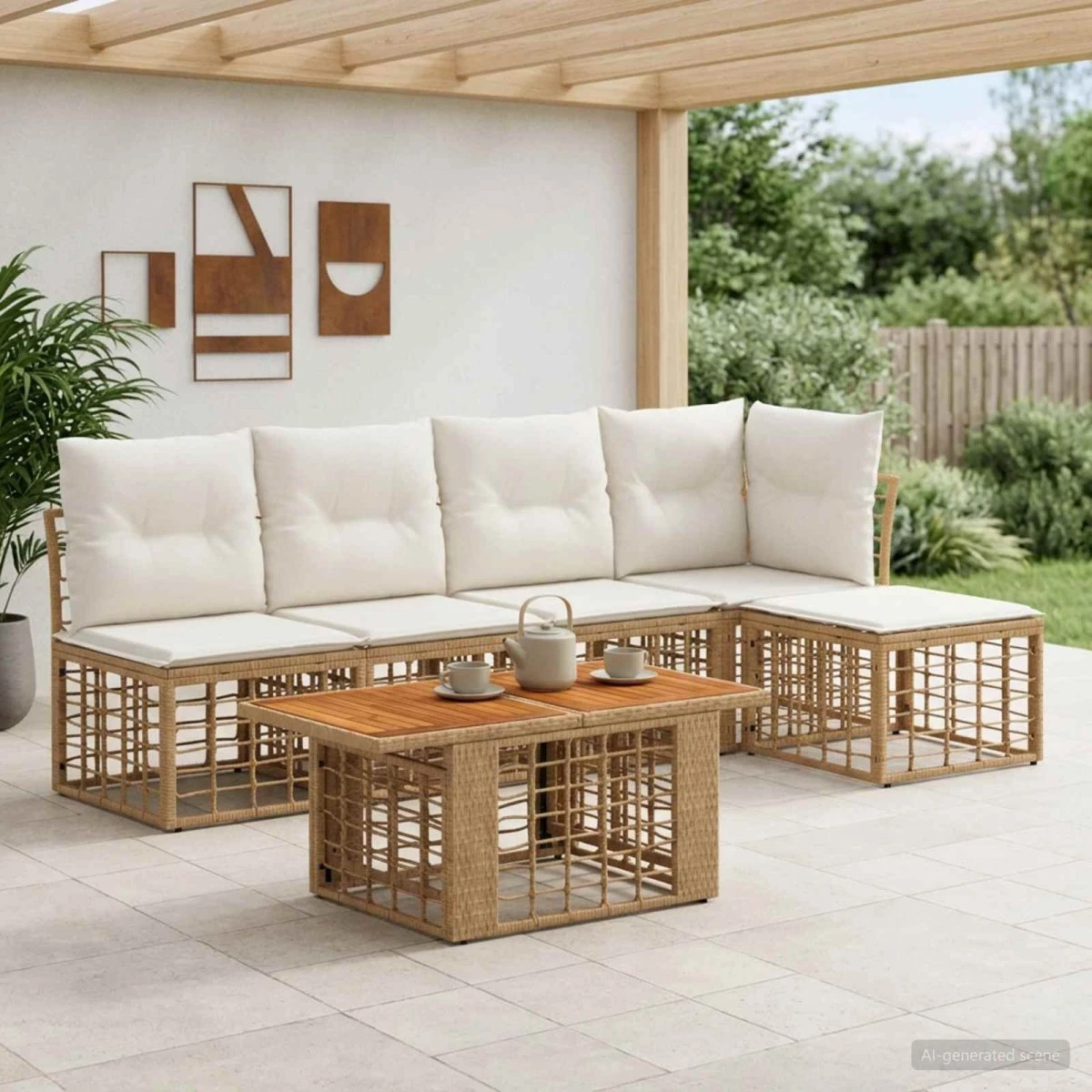 vidaXL Havesofasæt 6 dele i polyrattan, naturlig/cremehvid