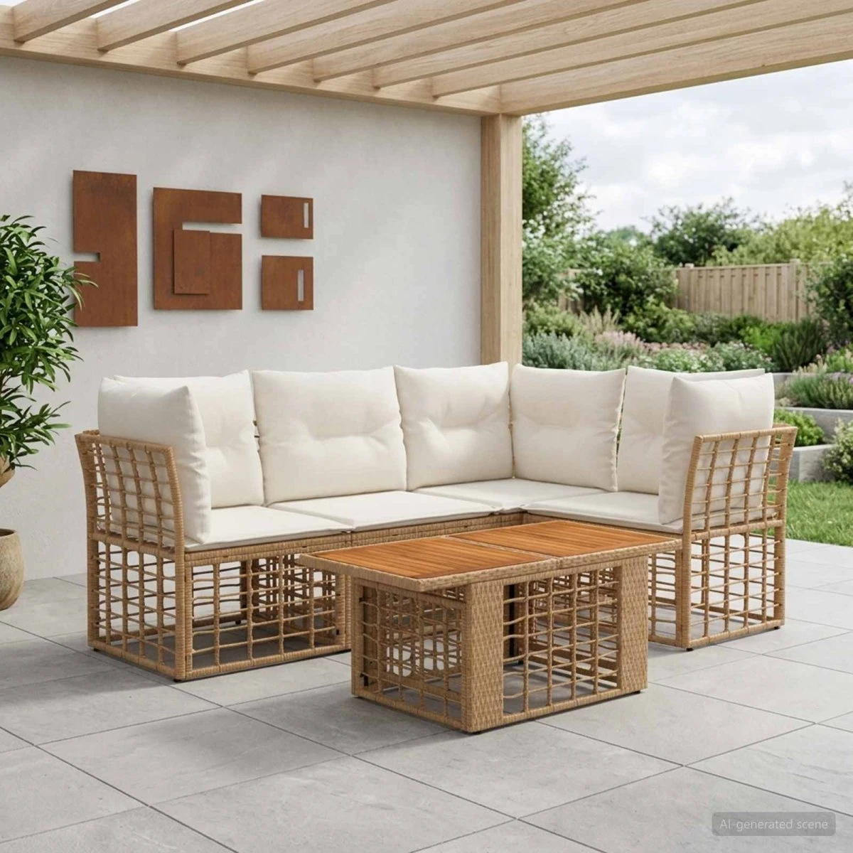 vidaXL Havesofasæt 4 dele i Polyrattan - Naturlig/Creme Hvid