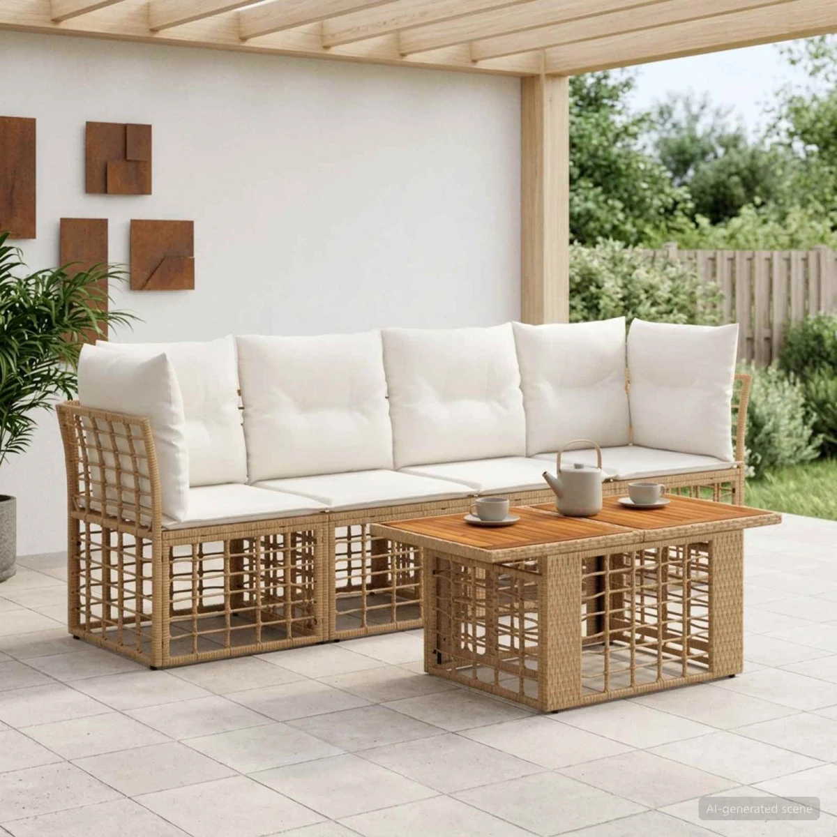 vidaXL Havesofa Sæt 5 dele i Polyrattan - Naturlig & Creme Hvid