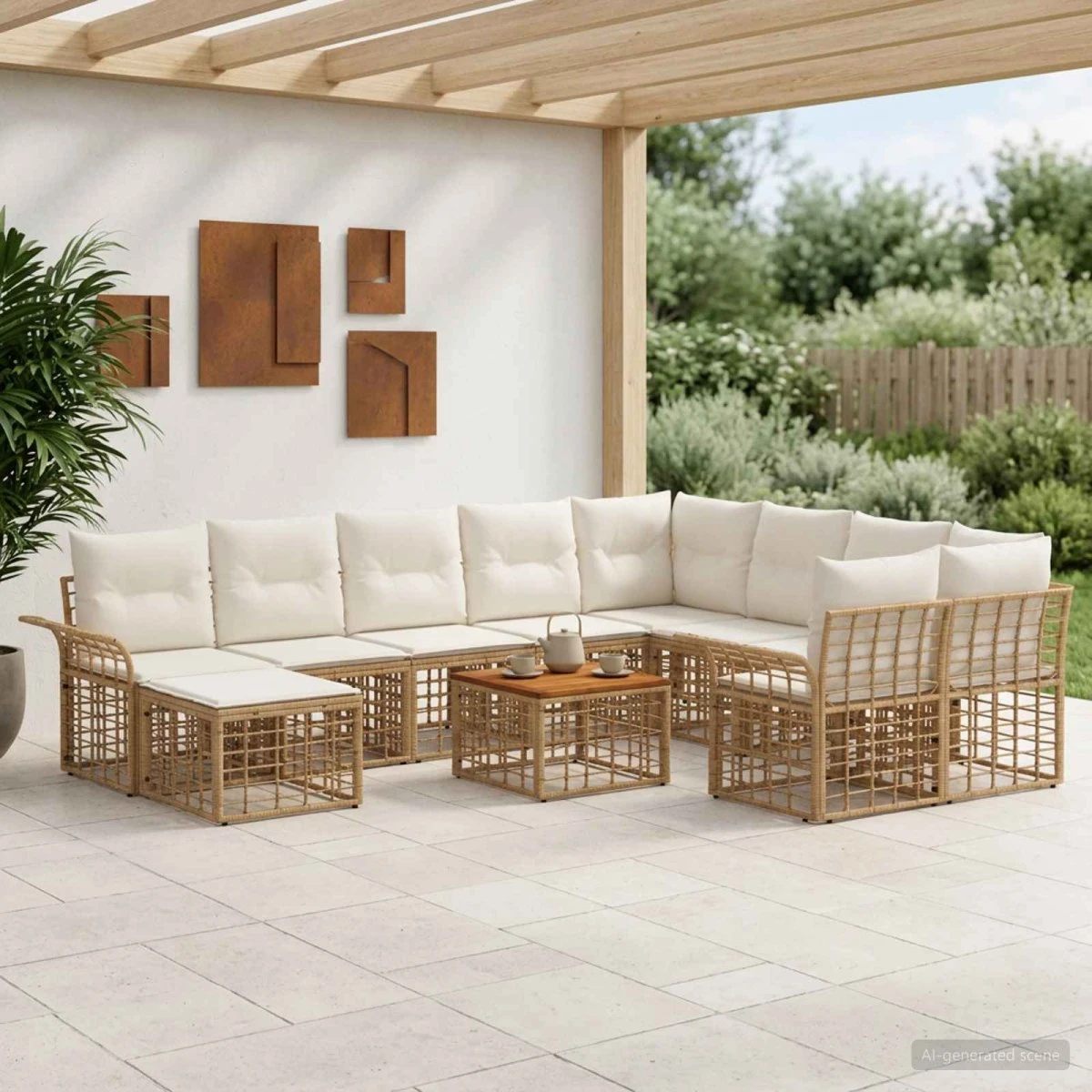 vidaXL Udendørs sofagruppe 11 stk. i naturlig og cremehvid polyrattan