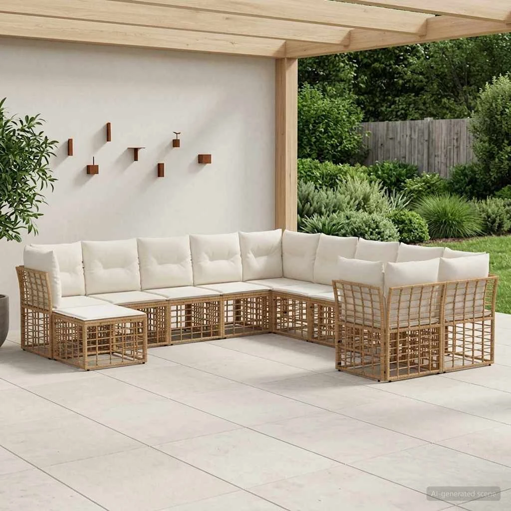 vidaXL Udendørs sofagruppe 11 stk. i naturlig polyrattan og creme