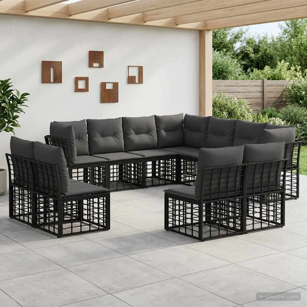 vidaXL Udendørs sofagruppe i sort polyrattan med polyesterpuder