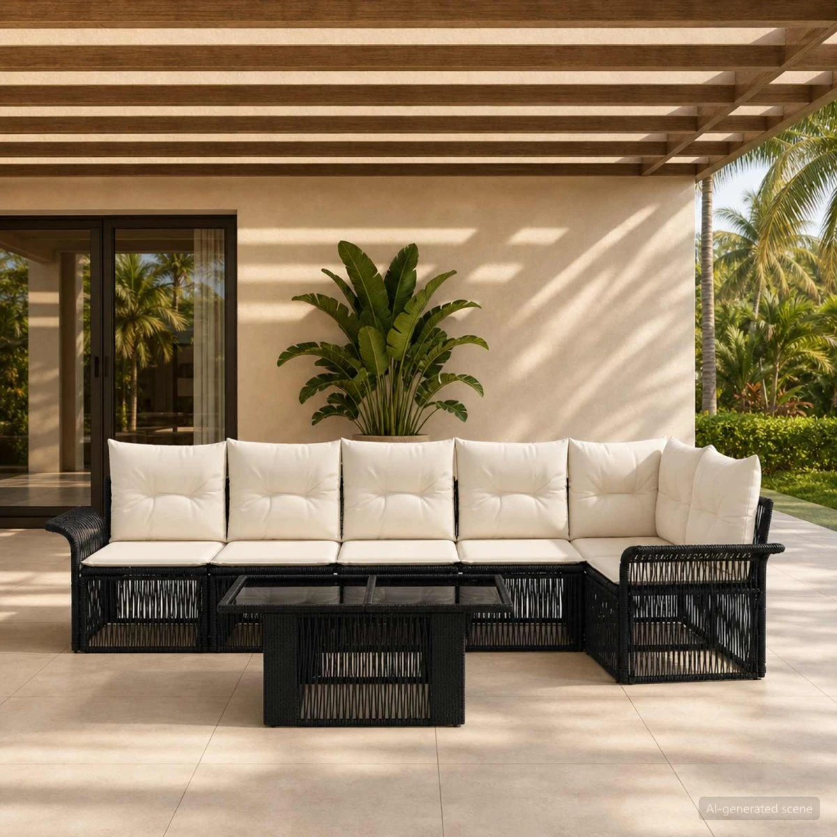 vidaXL Havesofa Sæt 7 stk. Sort og Cremehvid Polyrattan