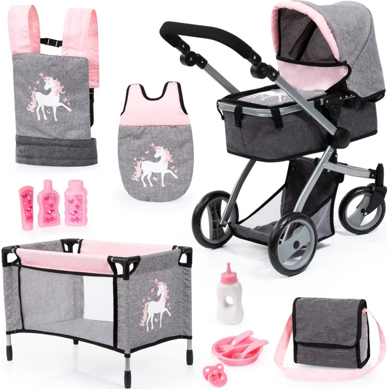 Bayer Milano Dukkevognsæt - Pink/Grå (inkl. seng & tilbehør)