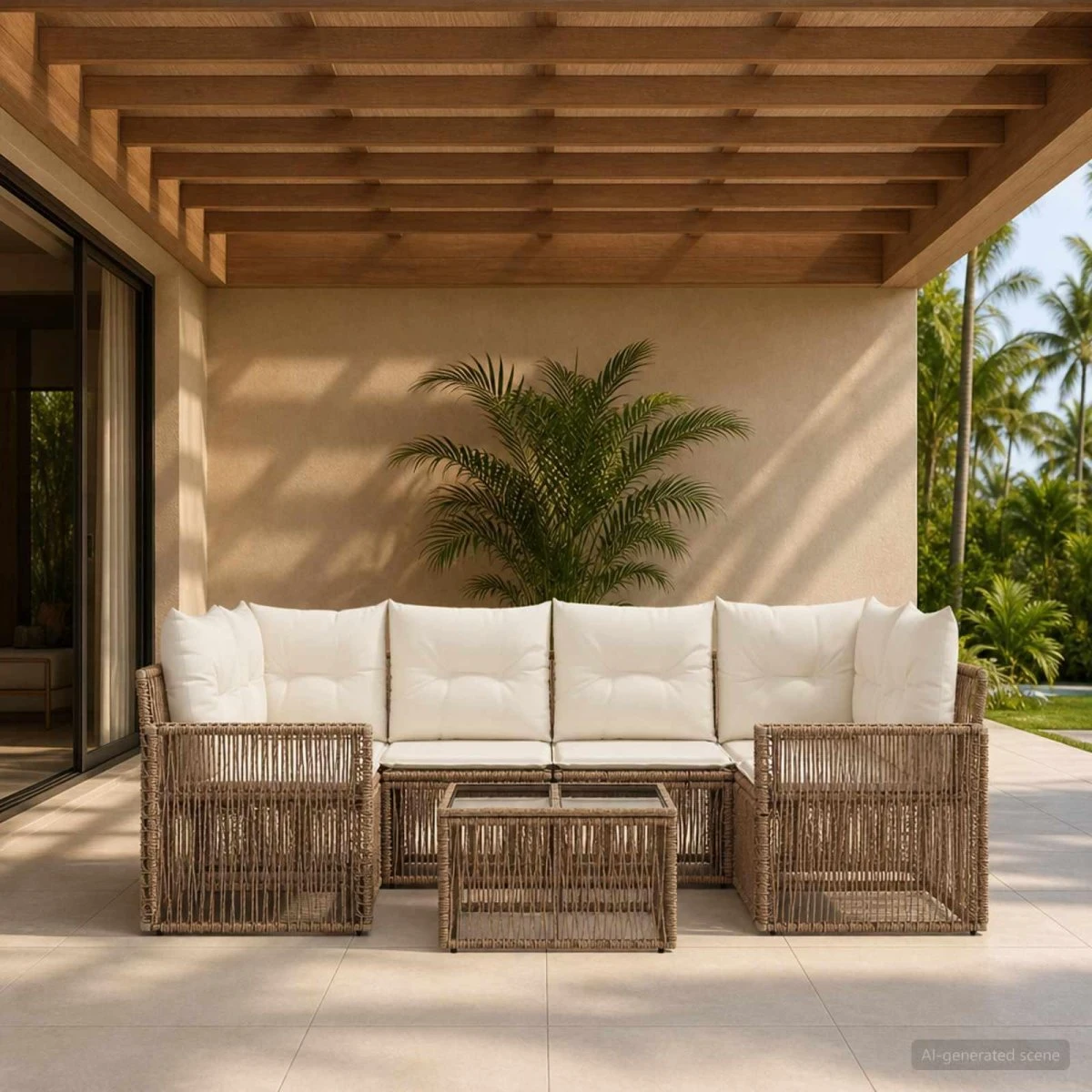 Havesofa sæt 7 stk. i beige polyrattan med bord