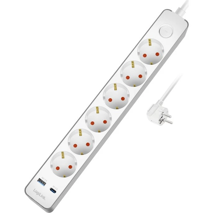 LogiLink Strømskinne 6-vejs med USB-C PD 20W, 1,4m, Hvid