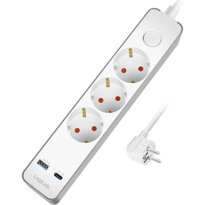 LogiLink Grenuttag 3-vejs med USB-C PD 20W, 1,4m, Hvid