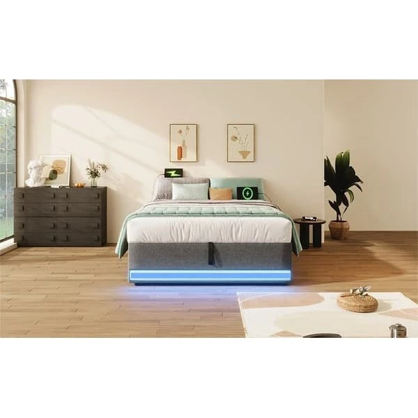 Polstringsbit Sengeramme 90x200 cm med LED & USB - Grå