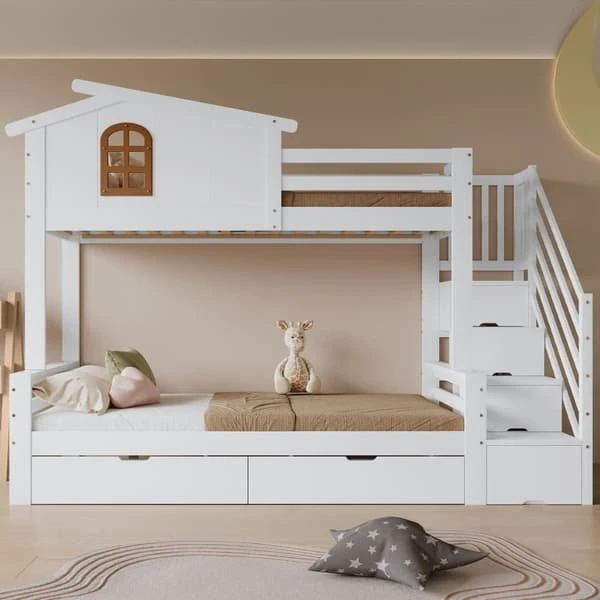 Køjeseng med vinduesdesign og 2 skuffer, Hvid/Natur, 90x200/120x200