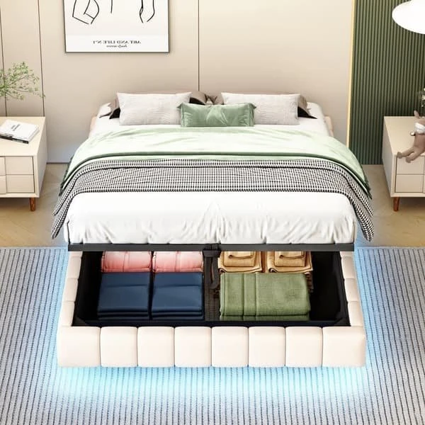 Polstret seng 140x200 cm med LED & opbevaring - Beige linned