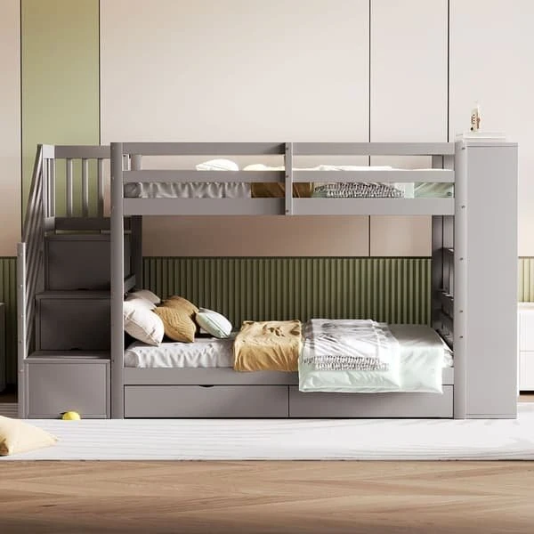 Køjeseng 90x200 cm med opbevaring og trappe - Grå