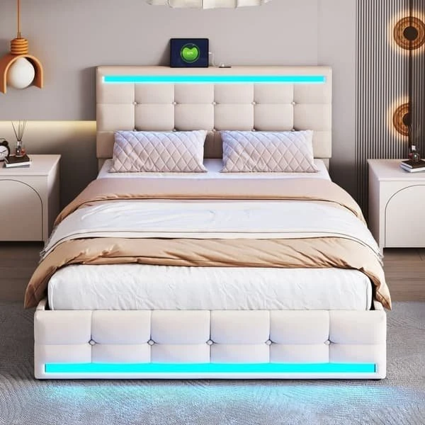 Polstret seng 140x200 cm med LED, USB og 4 skuffer i beige hør