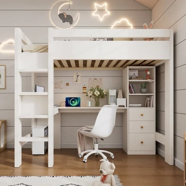 Børneloftseng 90x200 cm med skrivebord og USB-ladestation - Hvid