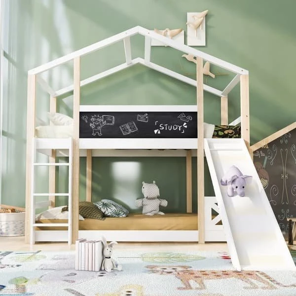 Cabane køjeseng 90x200cm med rutsjebane og stige - Hvid