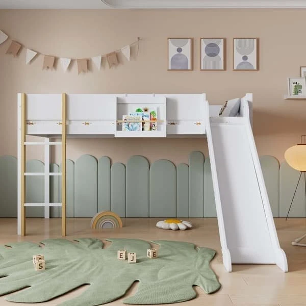 Hems Mezzaninseng 90x200 cm i fyrretræ – Hvid med rutsjebane