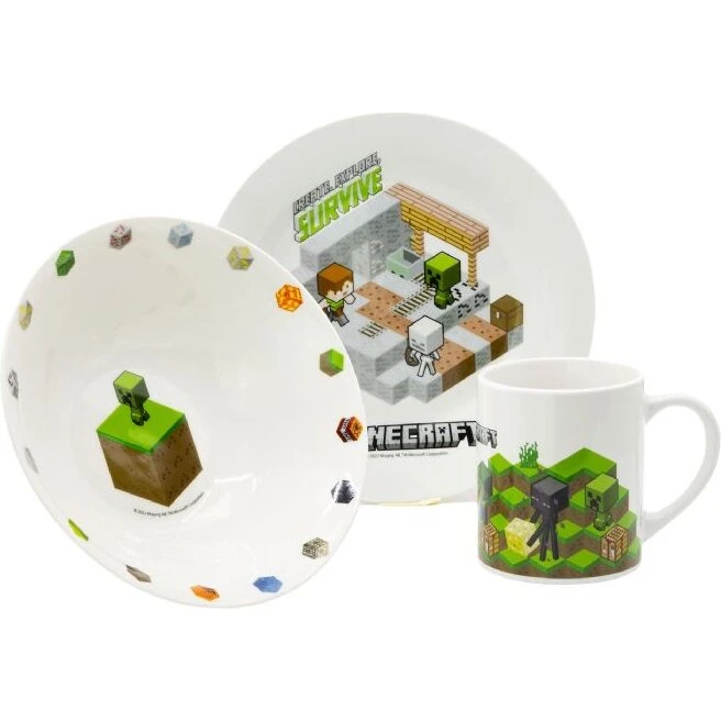 Minecraft Keramik Spisesæt 3 dele (hvid) – Tallerken Ø19 cm
