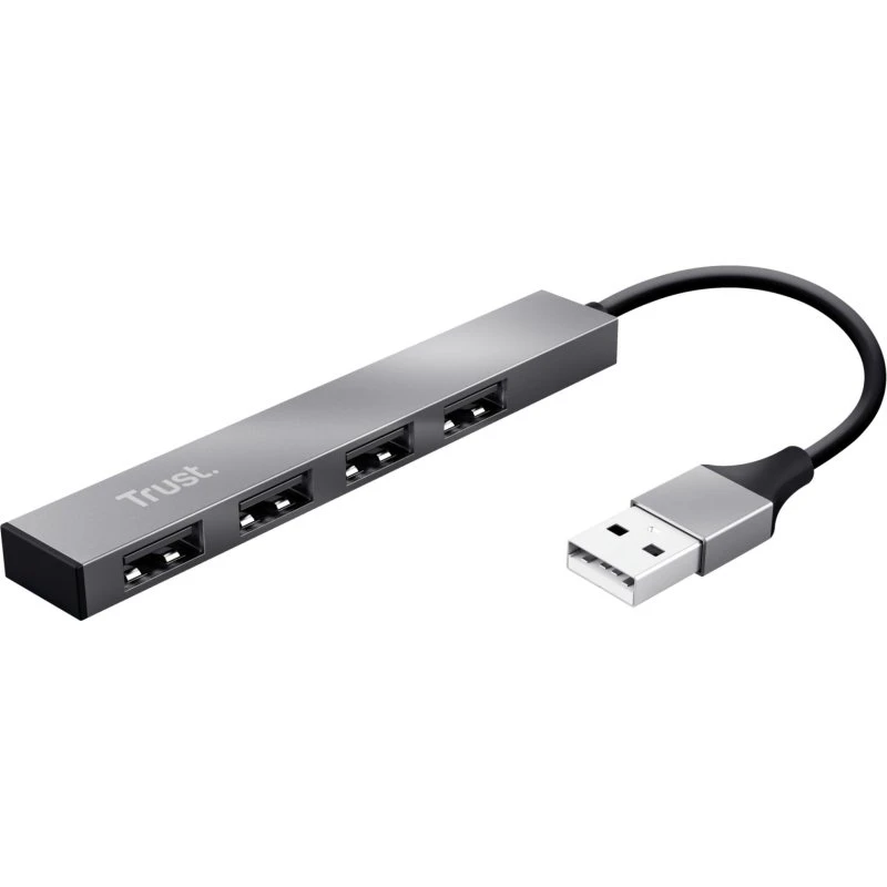 Trust Halyx 4‑port USB 2.0 mini hub – Aluminium, Sort