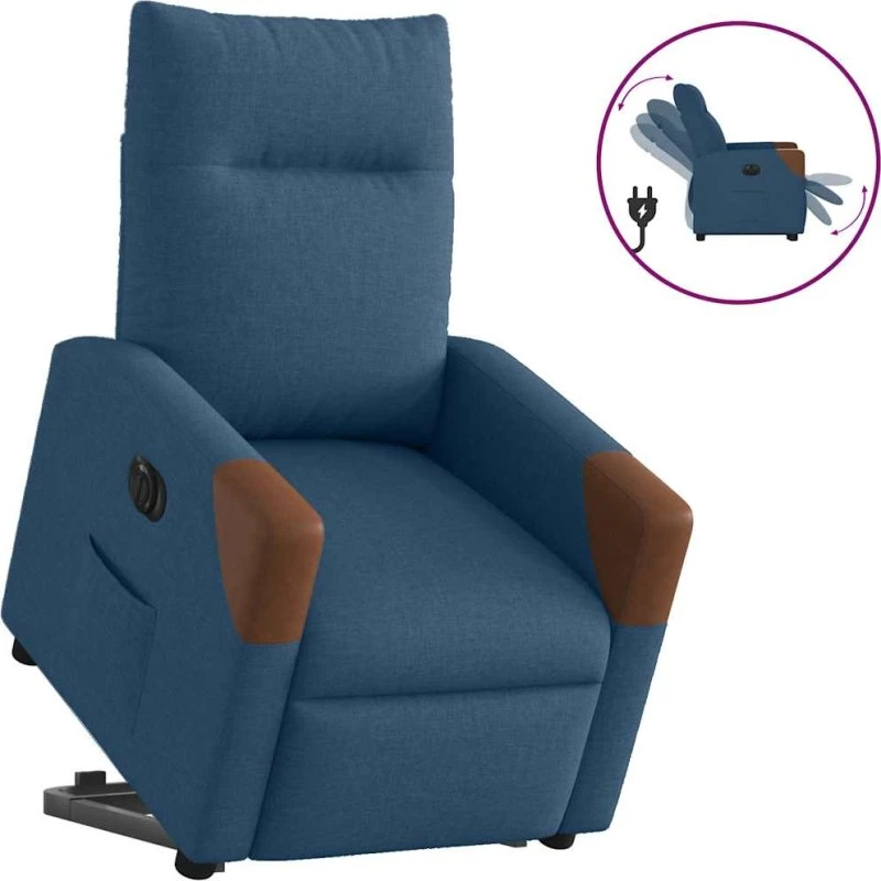Eldrevet lænestol i blå stof med løftefunktion