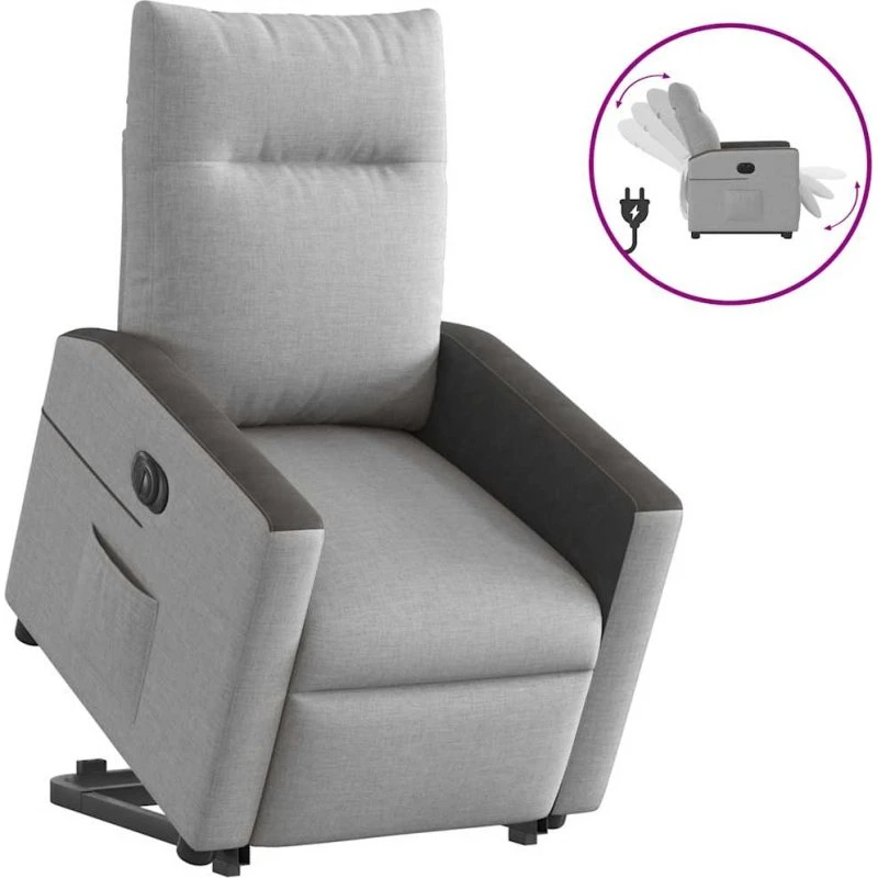 Eldrevet lænestol med løftefunktion i stof, skygrå