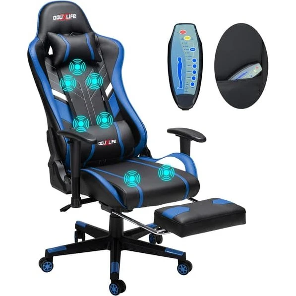 Douxlife Gamingstol med massage og fodstøtte - Sort/Blå