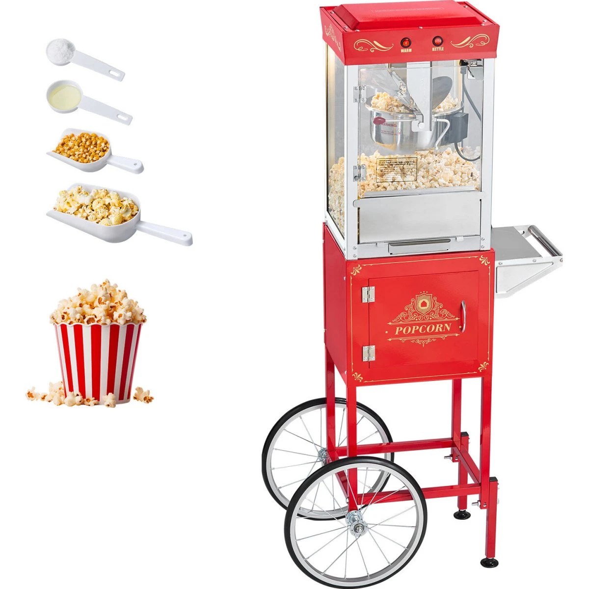 Retro Popcornmaskine med vogn, rød, 0.2 kg rustfri stålkedel