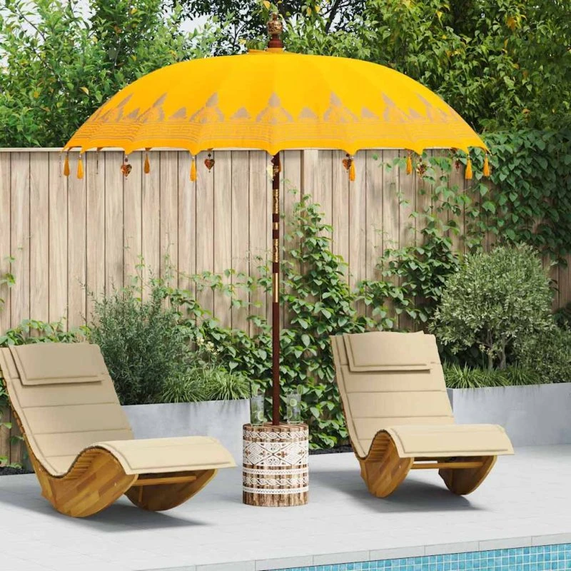Balinesisk parasol med base, gul 215x215x260 cm