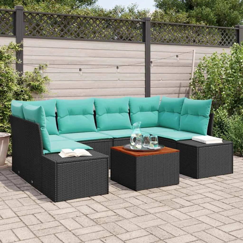 vidaXL Havesofa Sæt 7 stk. Sort og turkis polyrattan