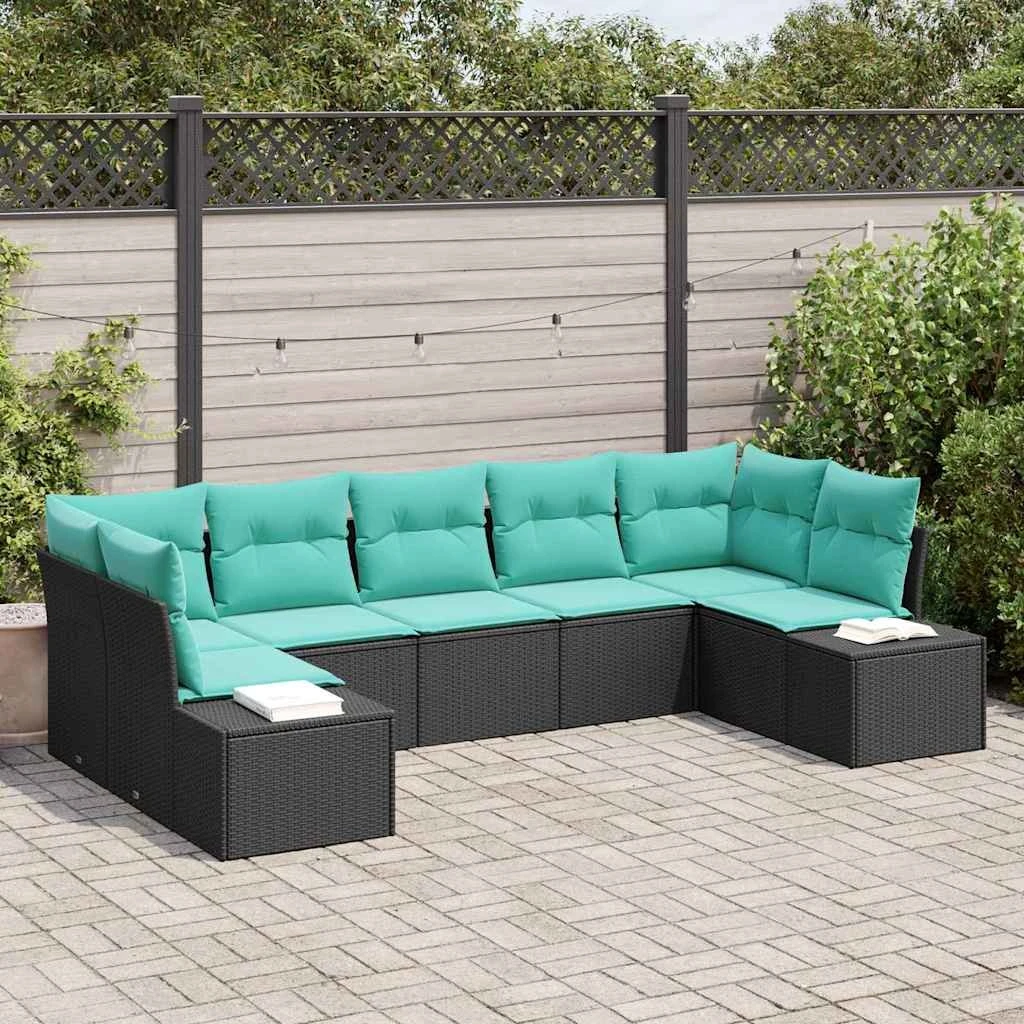 vidaXL Havesofa Sæt 7 stk. Sort og Turkis Polyrattan