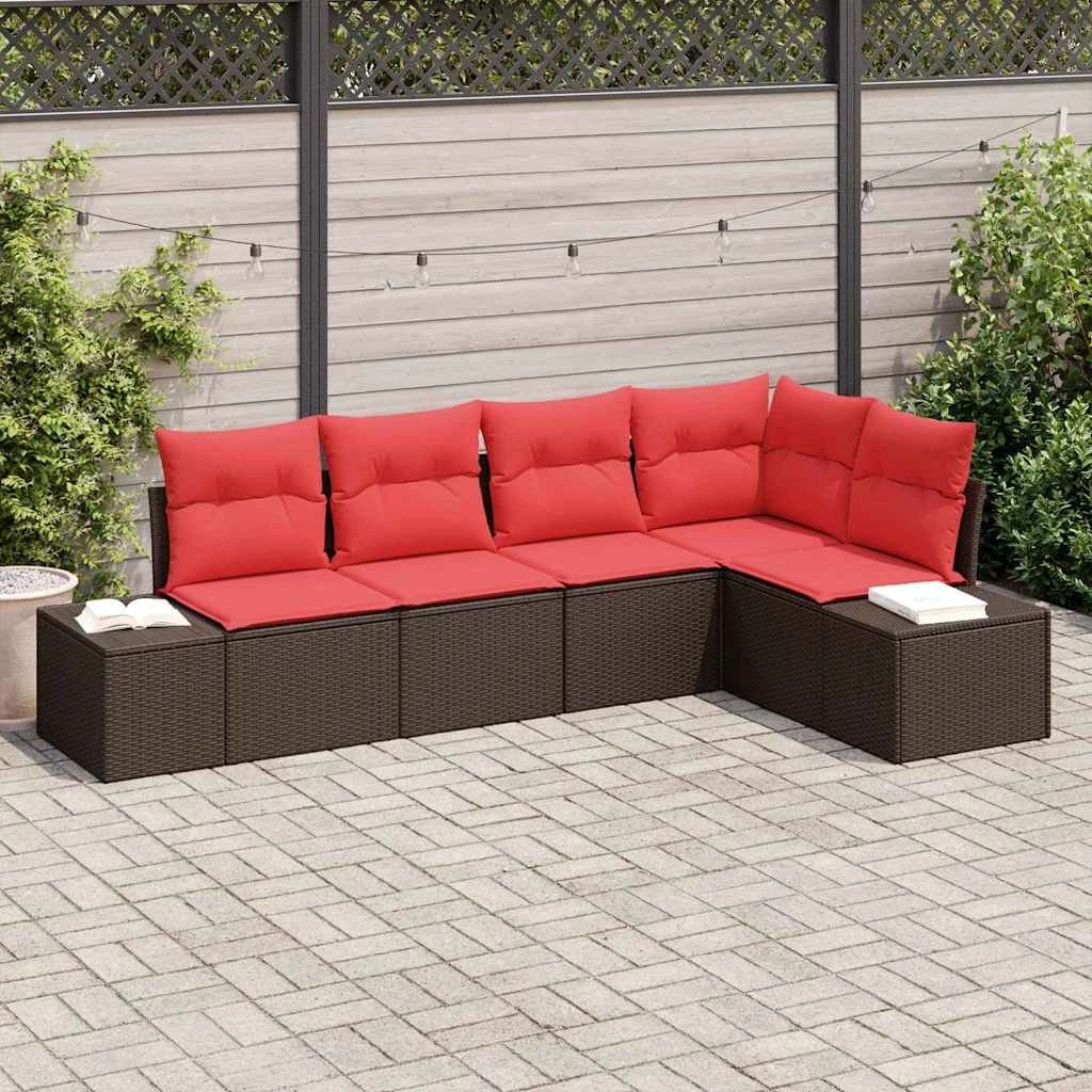 vidaXL Havesofa Sæt 5 stk. i brun og rød polyrattan