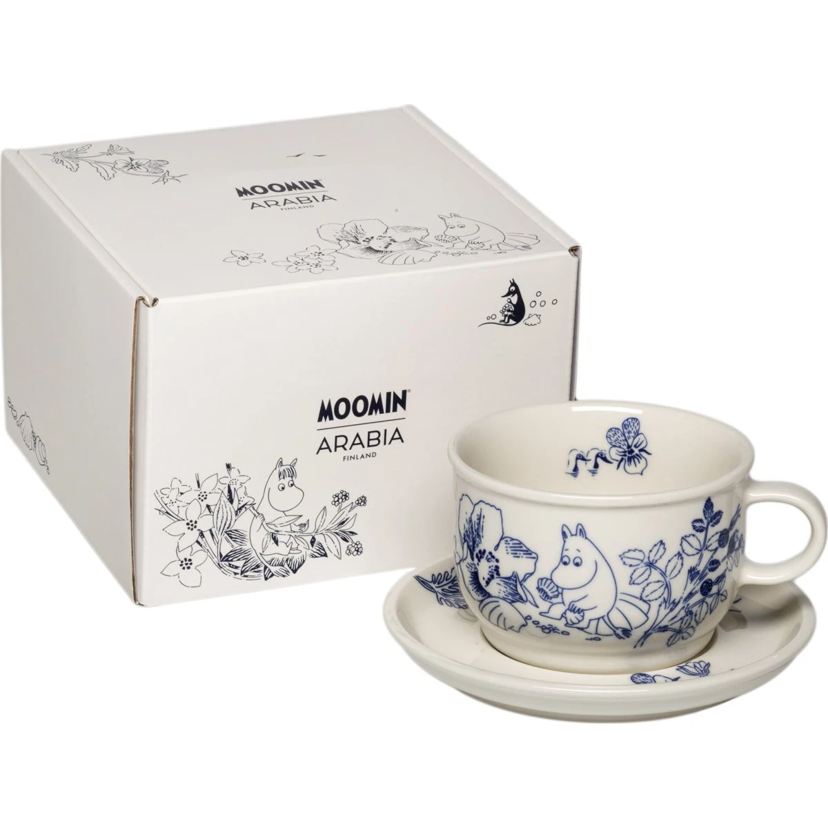 Arabia Moomin Haru kop med underkop, blå/hvid